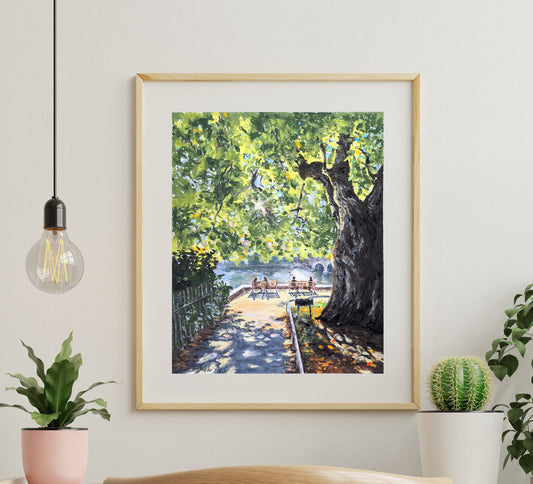 In the Shade of the Platanus, original artwork, framed