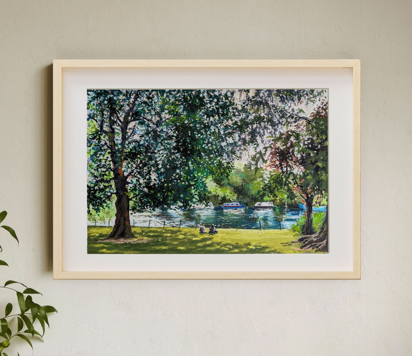 Sun by the river bank,  original artwork, framed