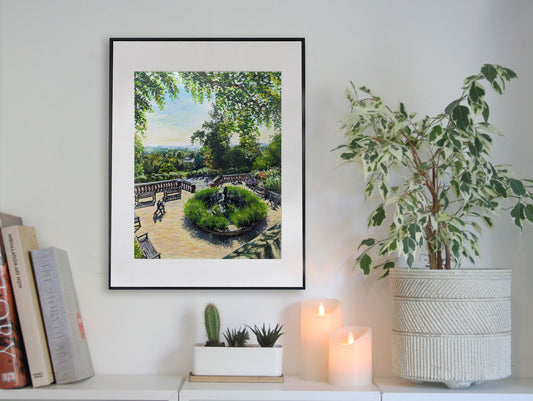 Meet me by the fountain, original artwork, framed 